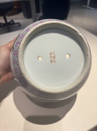 A Chinese famille rose vase, a jardini&egrave;re and a dish, Qianlong and Guangxu marks, 20th C.