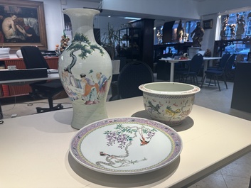 A Chinese famille rose vase, a jardini&egrave;re and a dish, Qianlong and Guangxu marks, 20th C.