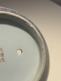 A Chinese famille rose vase, a jardini&egrave;re and a dish, Qianlong and Guangxu marks, 20th C.