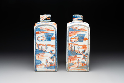 A pair of Chinese Imari-style square flasks and covers, Kangxi