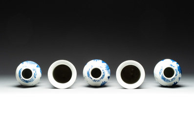 A Chinese blue and white garniture of five vases with river landscapes, 19th C.