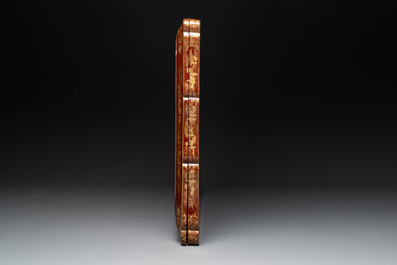 A large Chinese Canton gilt-lacquered garment box with landscape and figural design, 19th C.