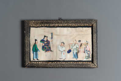 Ten frames with Chinese pith paper paintings depicting figures, Canton, 19th C.