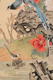 Yi Ting 彝庭, Gong Yin 宮音 and Zhang Mingxuan 張明軒 : 'Mountainous landscape', 'Peonies' and 'Grapes', ink and colour on paper and silk, 20th C.