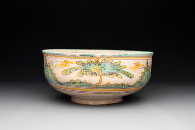 A large polychrome Talavera pottery 'leaping gazelle' bowl, Spain, 18th C.