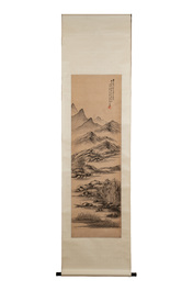 Yi Ting 彝庭, Gong Yin 宮音 and Zhang Mingxuan 張明軒 : 'Mountainous landscape', 'Peonies' and 'Grapes', ink and colour on paper and silk, 20th C.