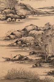 Yi Ting 彝庭, Gong Yin 宮音 and Zhang Mingxuan 張明軒 : 'Mountainous landscape', 'Peonies' and 'Grapes', ink and colour on paper and silk, 20th C.