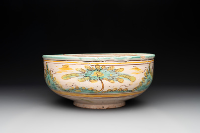 A large polychrome Talavera pottery 'leaping gazelle' bowl, Spain, 18th C.