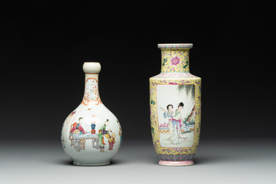 Two Chinese famille rose vases and a qianjiang cai tray, Qianlong mark, 18th C. and later