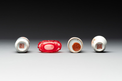 Three Chinese porcelain snuff bottles and a red Peking glass snuff bottle, Daoguang and Tongzhi mark, 19th C.