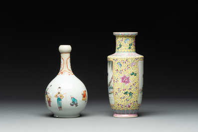 Two Chinese famille rose vases and a qianjiang cai tray, Qianlong mark, 18th C. and later