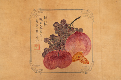 In the manner of Pu Yi  溥仪 (1906-1967): 'Fruits and calligraphy', ink and colour on silk