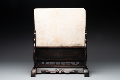 A Chinese wooden table screen with a rectangular dream stone, 20th C.
