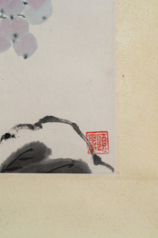 Yi Ting 彝庭, Gong Yin 宮音 and Zhang Mingxuan 張明軒 : 'Mountainous landscape', 'Peonies' and 'Grapes', ink and colour on paper and silk, 20th C.