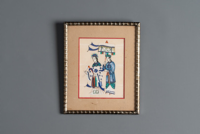 Ten frames with Chinese pith paper paintings depicting figures, Canton, 19th C.