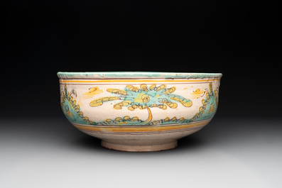 A large polychrome Talavera pottery 'leaping gazelle' bowl, Spain, 18th C.