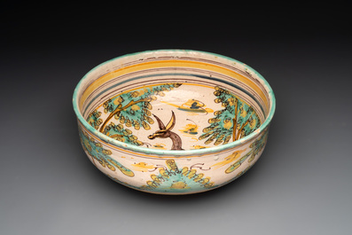 A large polychrome Talavera pottery 'leaping gazelle' bowl, Spain, 18th C.
