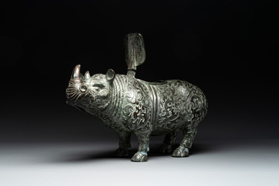Two large Chinese archaistic bronze rhino- and melon-form vessels, 20th C.