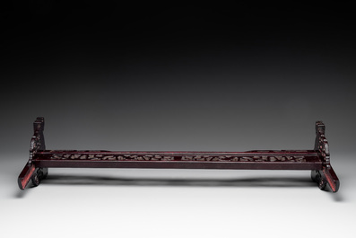 A Chinese wooden table screen with a carved stone 'dragon' plaque, 20th C.