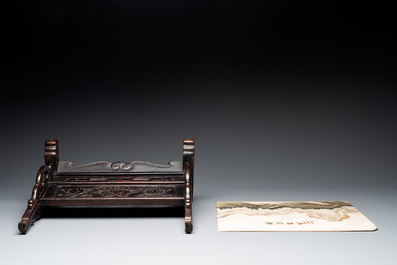 A Chinese wooden table screen with a rectangular dream stone, 20th C.