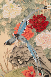 Yi Ting 彝庭, Gong Yin 宮音 and Zhang Mingxuan 張明軒 : 'Mountainous landscape', 'Peonies' and 'Grapes', ink and colour on paper and silk, 20th C.