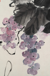 Yi Ting 彝庭, Gong Yin 宮音 and Zhang Mingxuan 張明軒 : 'Mountainous landscape', 'Peonies' and 'Grapes', ink and colour on paper and silk, 20th C.
