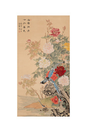 Yi Ting 彝庭, Gong Yin 宮音 and Zhang Mingxuan 張明軒 : 'Mountainous landscape', 'Peonies' and 'Grapes', ink and colour on paper and silk, 20th C.
