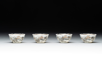 A set of four Chinese gilt-decorated grisaille 'landscape' cups and saucers, Yongzheng/Qianlong