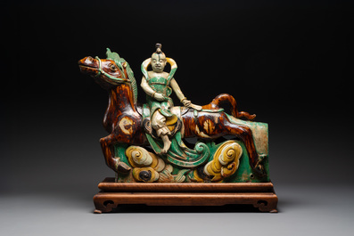 A massive Chinese sancai-glazed roof tile in shape of a horse rider, Ming