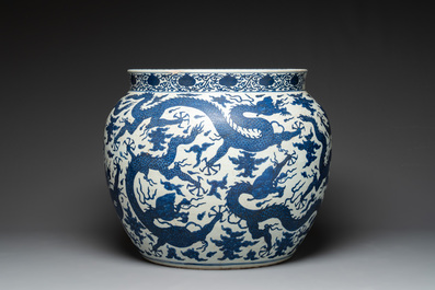 A massive Chinese blue and white 'dragon' fish bowl, Jiajing mark, 20th C.