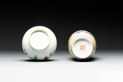 Two Chinese famille rose vases and a qianjiang cai tray, Qianlong mark, 18th C. and later