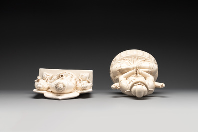Two Chinese Dehua blanc de Chine sculptures of a Buddha and a Boddhisatva, He Chaozong 何朝宗 and Dehua 德化 marks, 20th C.