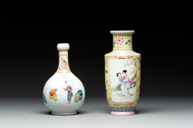 Two Chinese famille rose vases and a qianjiang cai tray, Qianlong mark, 18th C. and later