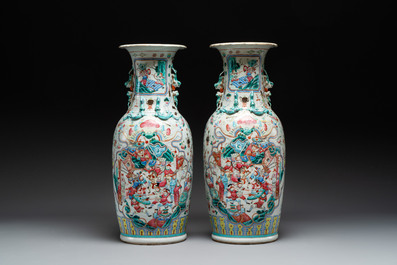 A pair of Chinese famille rose vases with narrative design, 19th C.