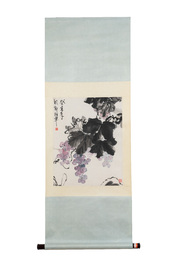 Yi Ting 彝庭, Gong Yin 宮音 and Zhang Mingxuan 張明軒 : 'Mountainous landscape', 'Peonies' and 'Grapes', ink and colour on paper and silk, 20th C.