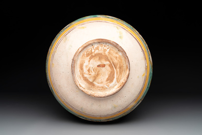 A large polychrome Talavera pottery 'leaping gazelle' bowl, Spain, 18th C.