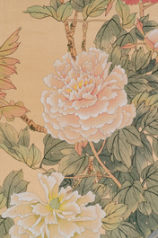 Yi Ting 彝庭, Gong Yin 宮音 and Zhang Mingxuan 張明軒 : 'Mountainous landscape', 'Peonies' and 'Grapes', ink and colour on paper and silk, 20th C.