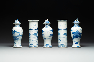A Chinese blue and white garniture of five vases with river landscapes, 19th C.