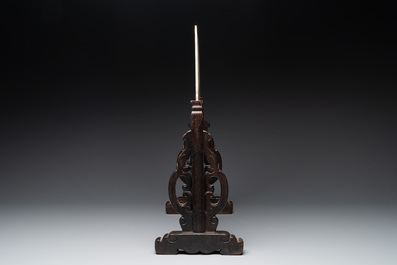 A Chinese wooden table screen with a rectangular dream stone, 20th C.