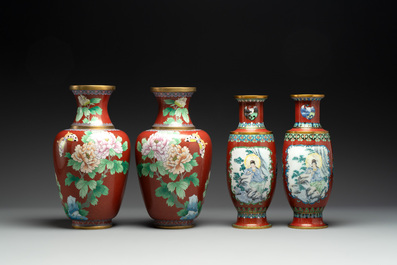 Four pairs of Chinese cloisonn&eacute; vases, 20th C.