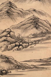 Yi Ting 彝庭, Gong Yin 宮音 and Zhang Mingxuan 張明軒 : 'Mountainous landscape', 'Peonies' and 'Grapes', ink and colour on paper and silk, 20th C.