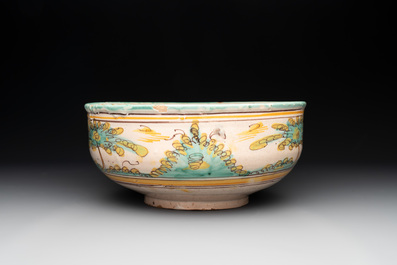 A large polychrome Talavera pottery 'leaping gazelle' bowl, Spain, 18th C.