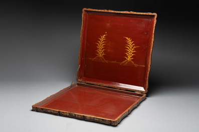 A large Chinese Canton gilt-lacquered garment box with landscape and figural design, 19th