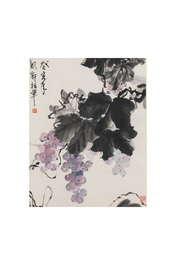Yi Ting 彝庭, Gong Yin 宮音 and Zhang Mingxuan 張明軒 : 'Mountainous landscape', 'Peonies' and 'Grapes', ink and colour on paper and silk, 20th C.