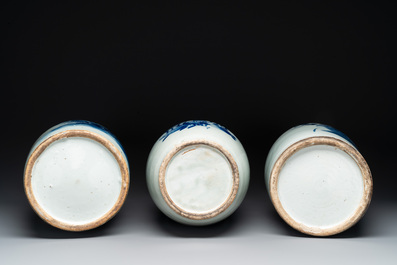 Three Chinese celadon-ground blue and white vases, 19th C.
