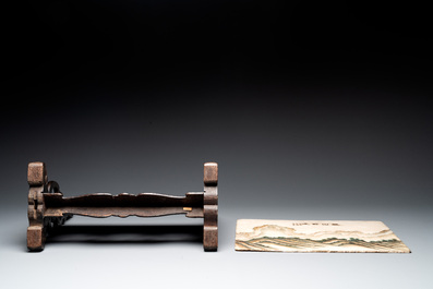 A Chinese wooden table screen with a rectangular dream stone, 20th C.