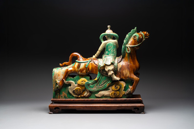 A massive Chinese sancai-glazed roof tile in shape of a horse rider, Ming
