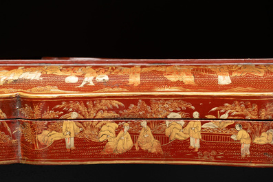 A large Chinese Canton gilt-lacquered garment box with landscape and figural design, 19th