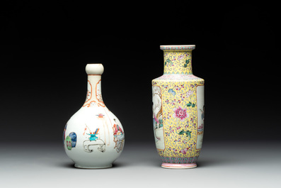 Two Chinese famille rose vases and a qianjiang cai tray, Qianlong mark, 18th C. and later