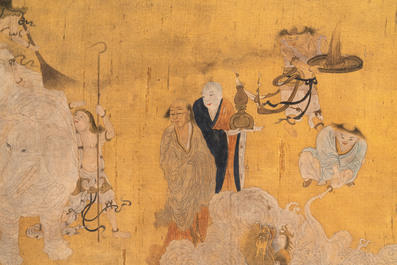 Chinese school: 'Immortals and monks', ink and colour on silk, Qing or later